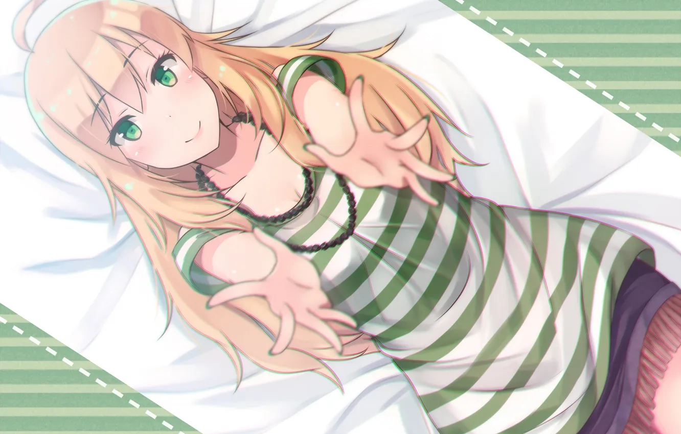 Photo wallpaper look, girl, smile, bed, lies, gesture, art, idolmaster