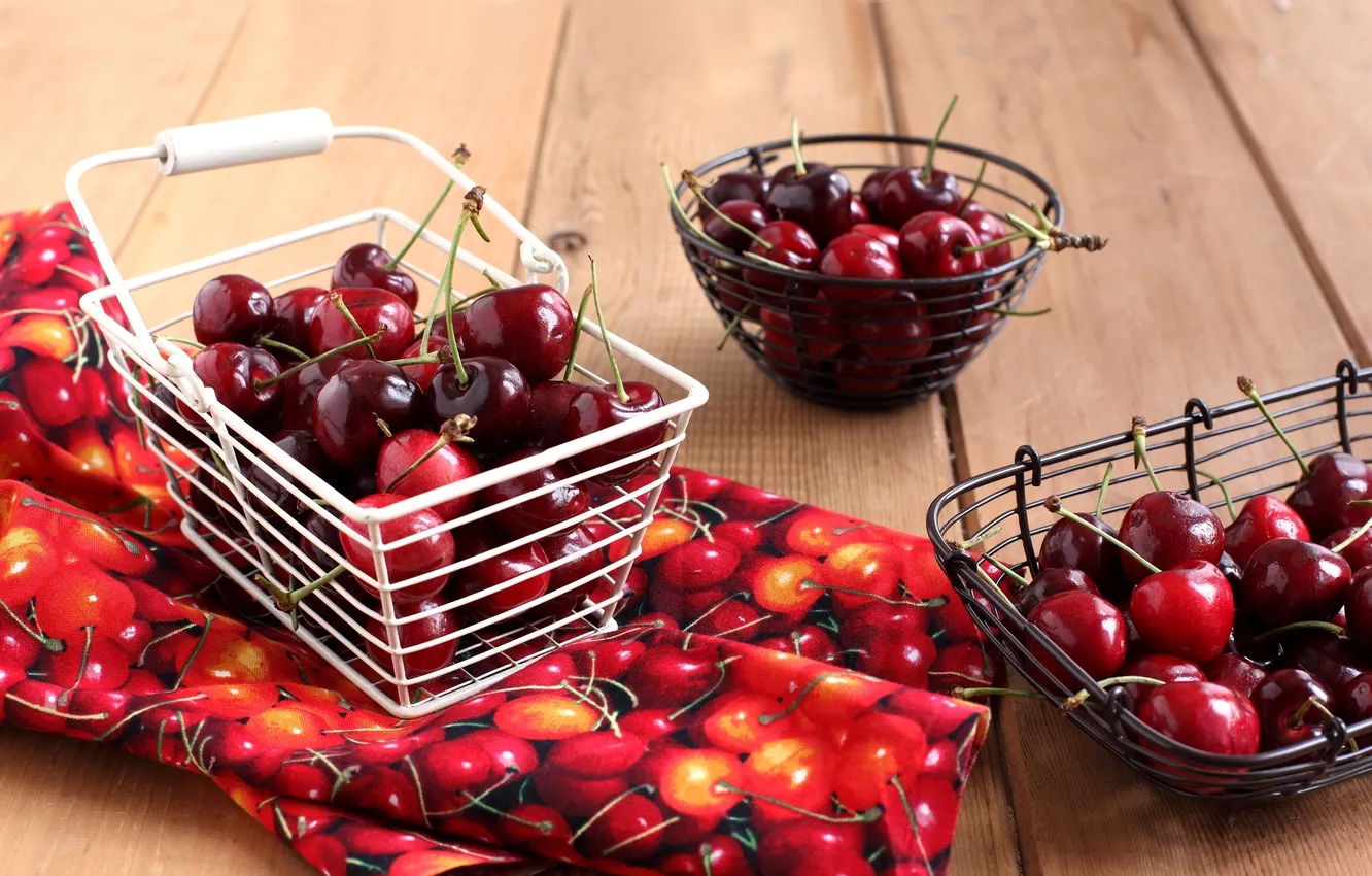 Photo wallpaper berries, table, basket, cherry, napkin