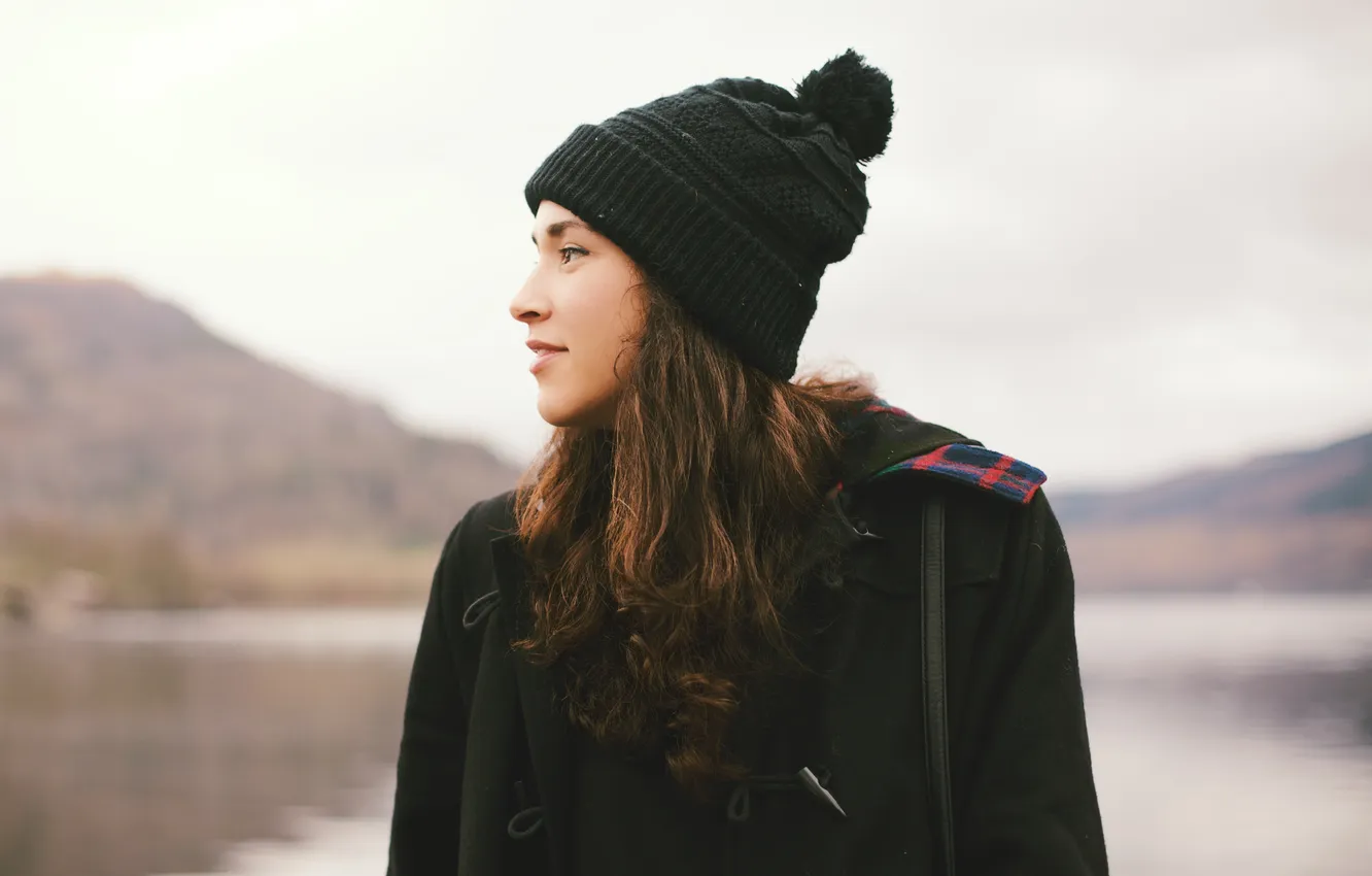 Photo wallpaper girl, hat, brunette, profile