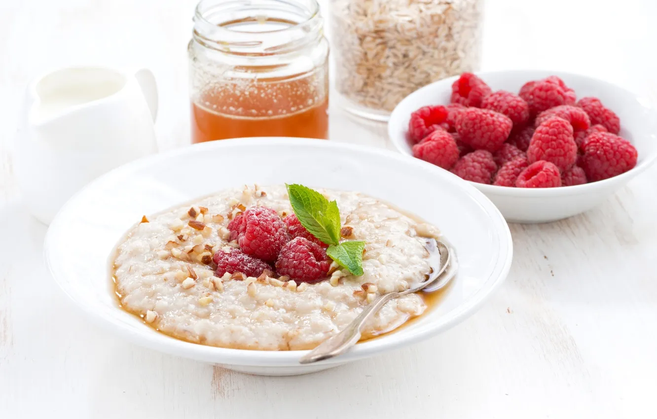 Photo wallpaper berries, raspberry, honey, nuts, mint, porridge, oatmeal