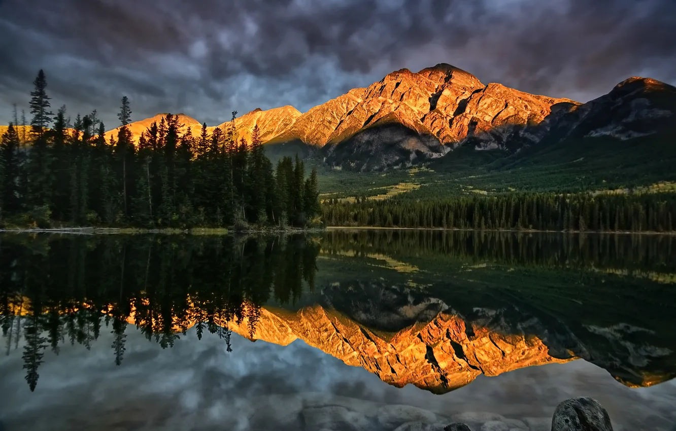 Photo wallpaper mountains, lake, reflection, Canada, Alberta, Canada, Jasper National Park, Pyramid Lake