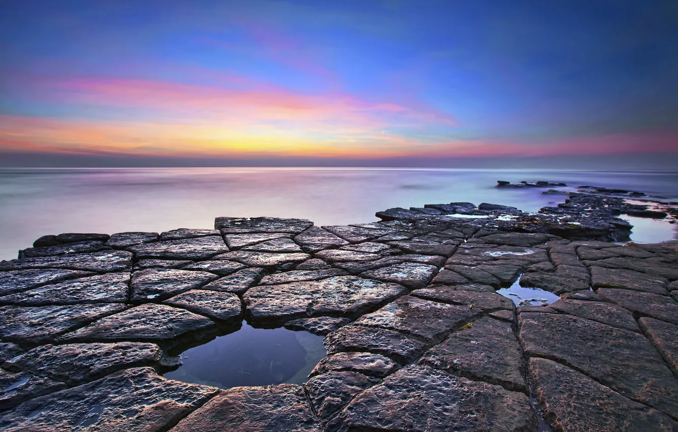 Photo wallpaper sea, landscape, sunset, rocks