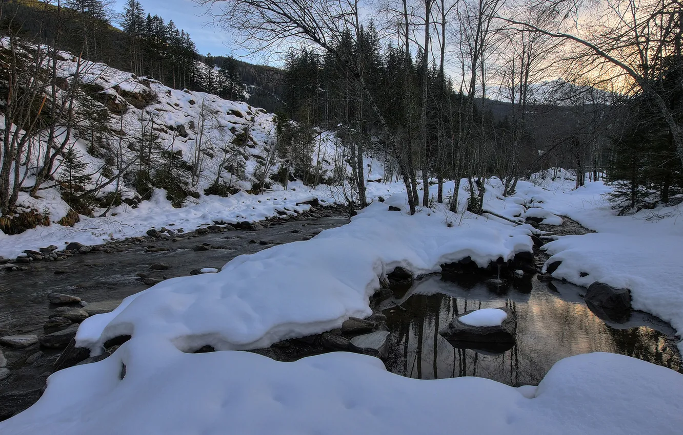 Photo wallpaper winter, water, snow, trees, river, stream, stones, hills