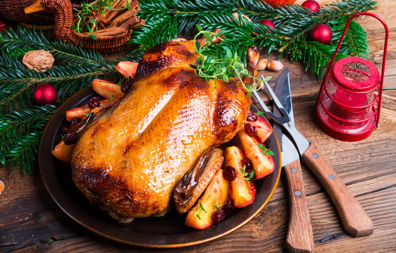 Photo wallpaper branches, Board, tree, duck, candles, Christmas, knife, nuts