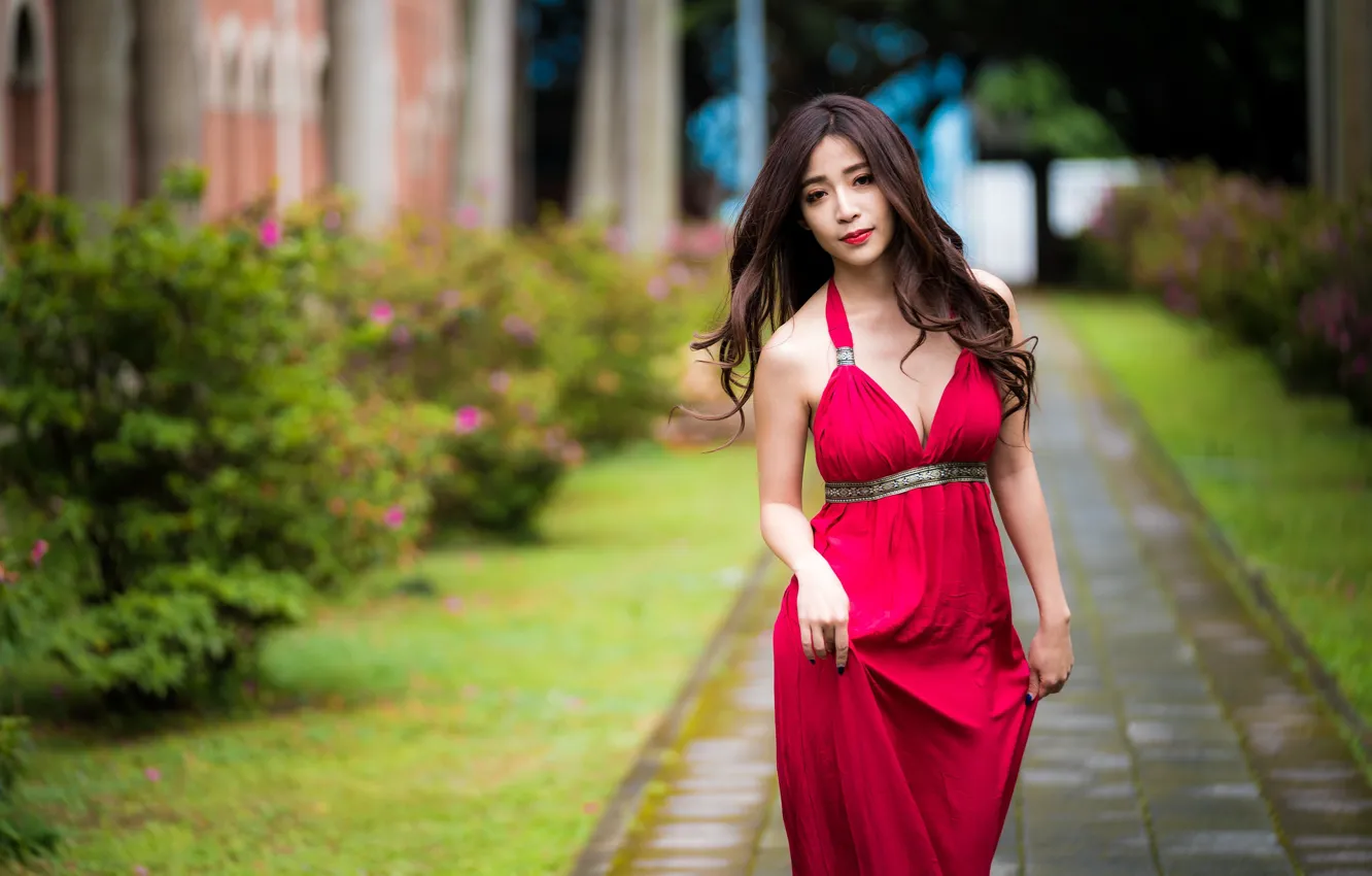 Photo wallpaper summer, girl, red, model, dress, Asian