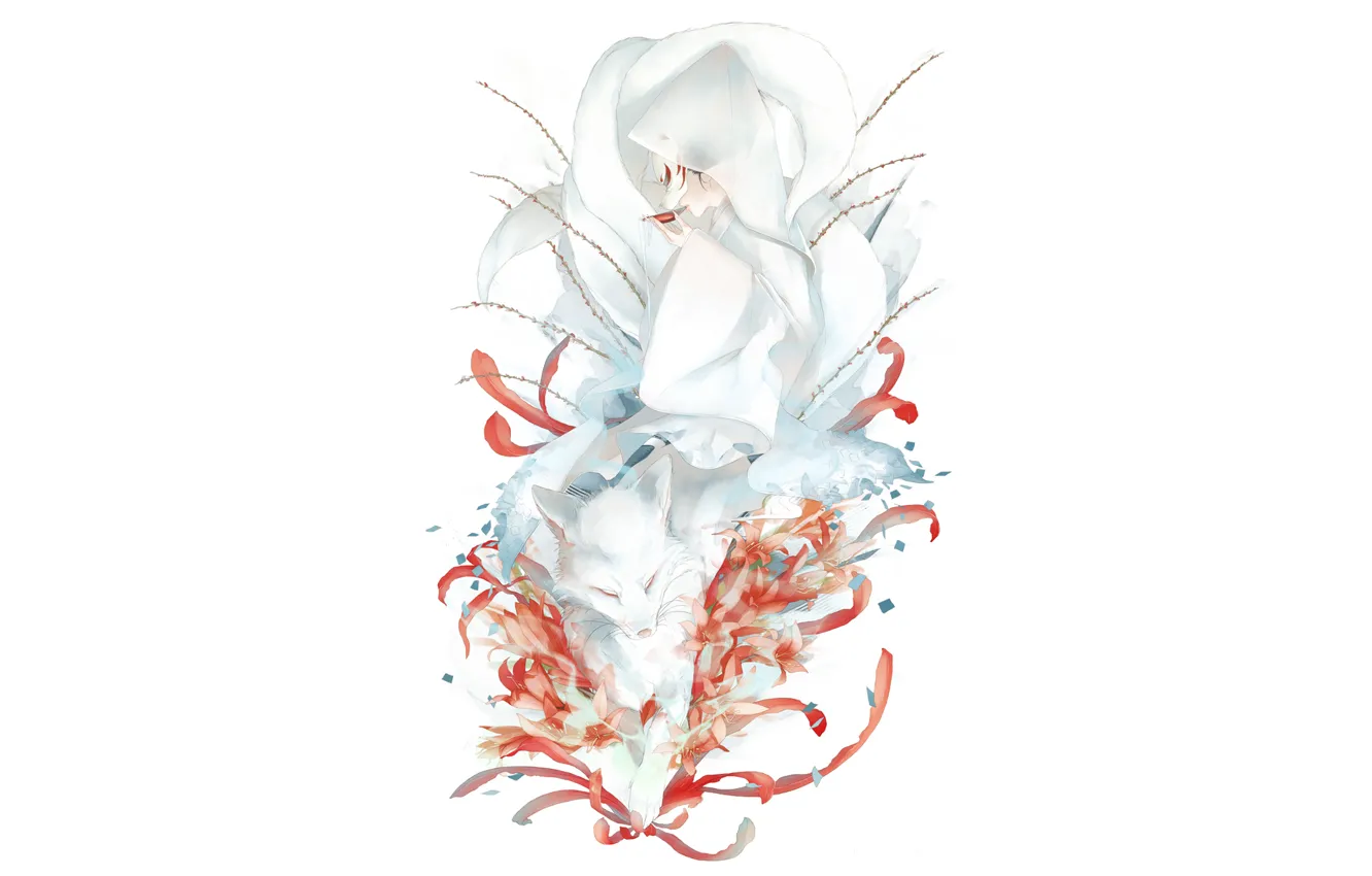 Photo wallpaper girl, flowers, mask, Fox, art