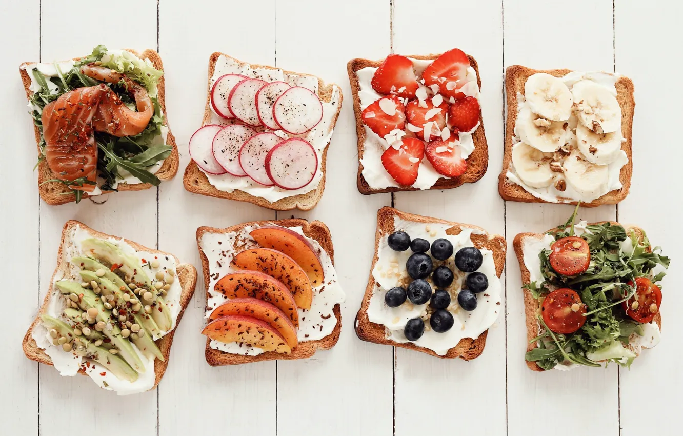 Photo wallpaper food, fish, strawberry, bananas, vegetables, toast, sandwiches, cuts