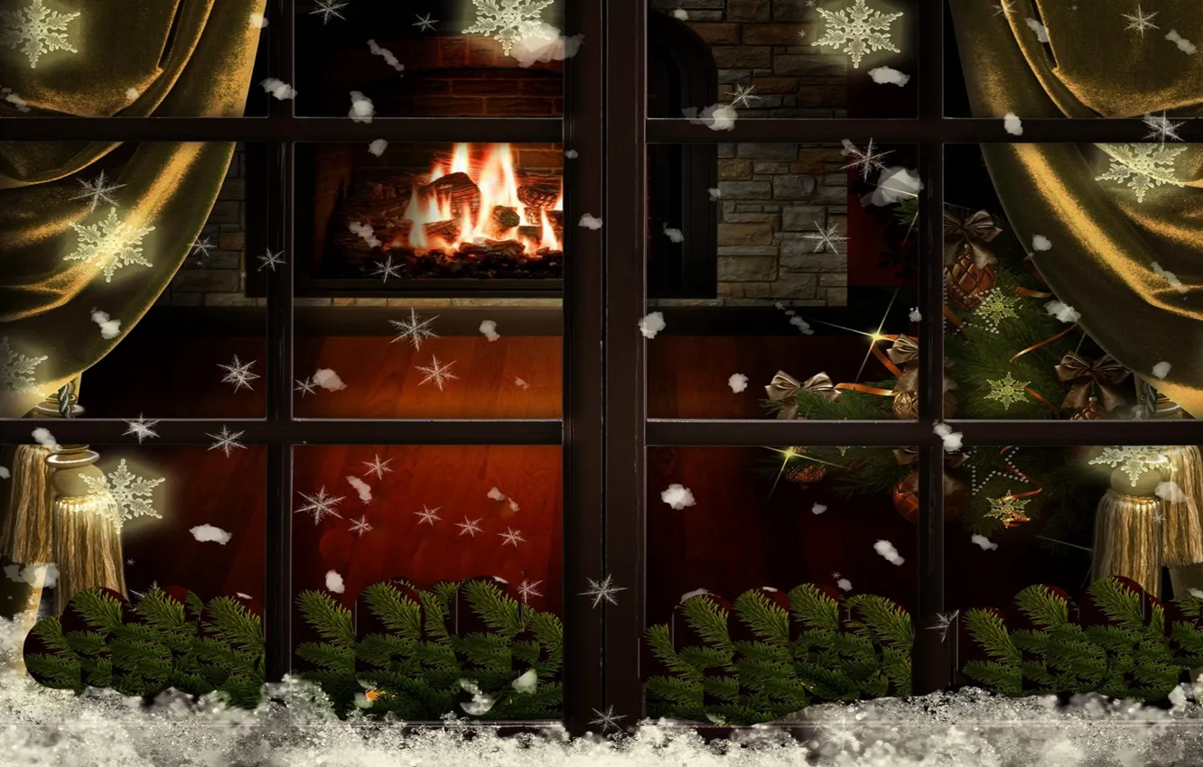 Photo wallpaper snowflakes, tree, Christmas, window, fireplace