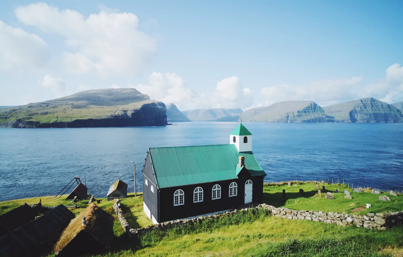Photo wallpaper sea, shore, home, Church, The Faroe Islands