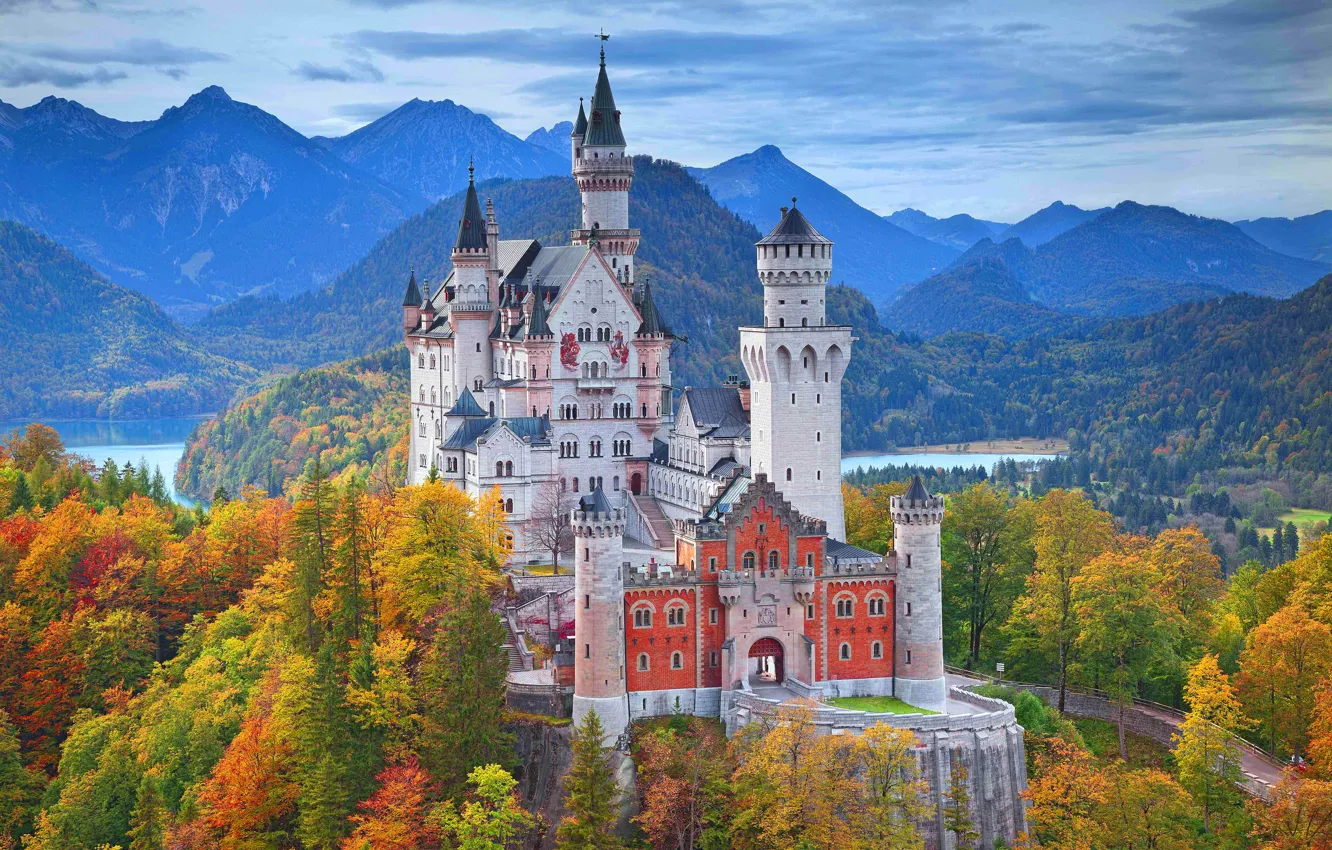 Photo wallpaper Mountains, Trees, Germany, Castle, Bayern, Germany, Neuschwanstein, Bavaria