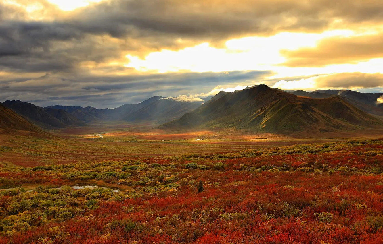 Photo wallpaper autumn, clouds, mountains, valley, Canada, Yukon