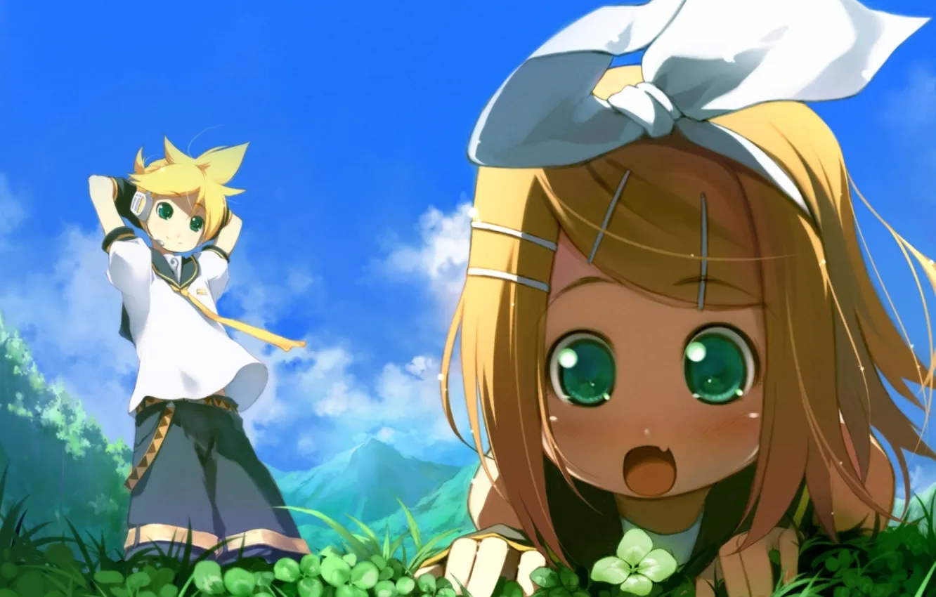 Photo wallpaper girl, guy, vocaloid, bow, Vocaloid, rin kagamine, Len