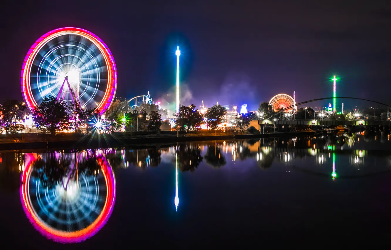 Photo wallpaper night, river, America, megapolis