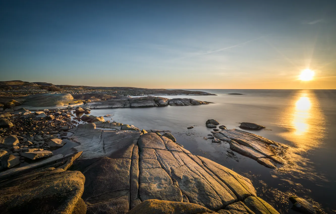 Photo wallpaper sea, stones, dawn, coast, morning
