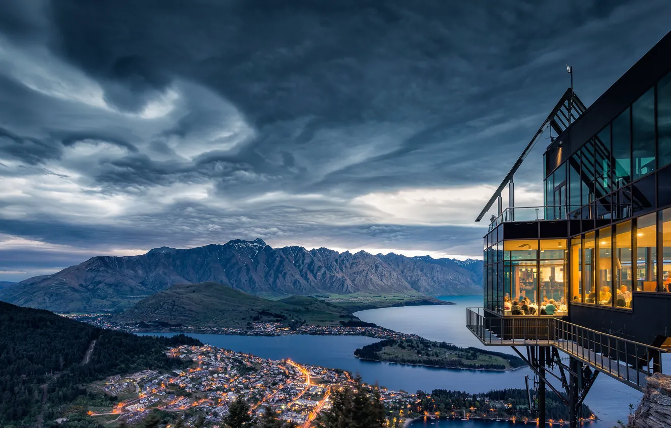 Photo wallpaper landscape, mountains, clouds, nature, the city, lake, New Zealand, restaurant