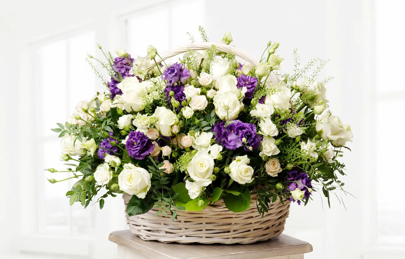 Photo wallpaper basket, roses, bouquet, buds, roses, basket, eustoma, luxury