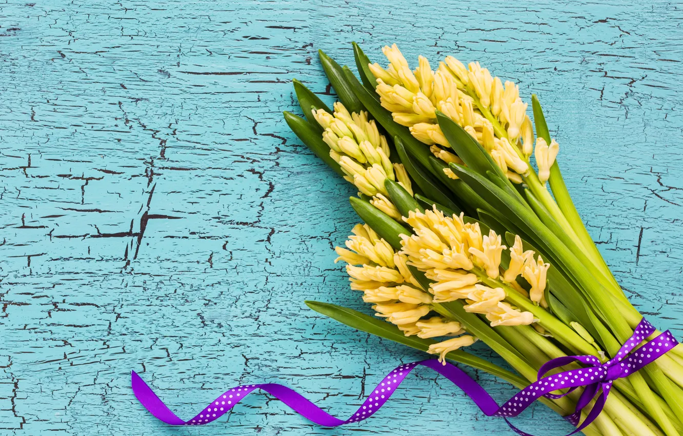 Photo wallpaper flowers, yellow, bouquet, tape, yellow, flowers, ribbon, hyacinths