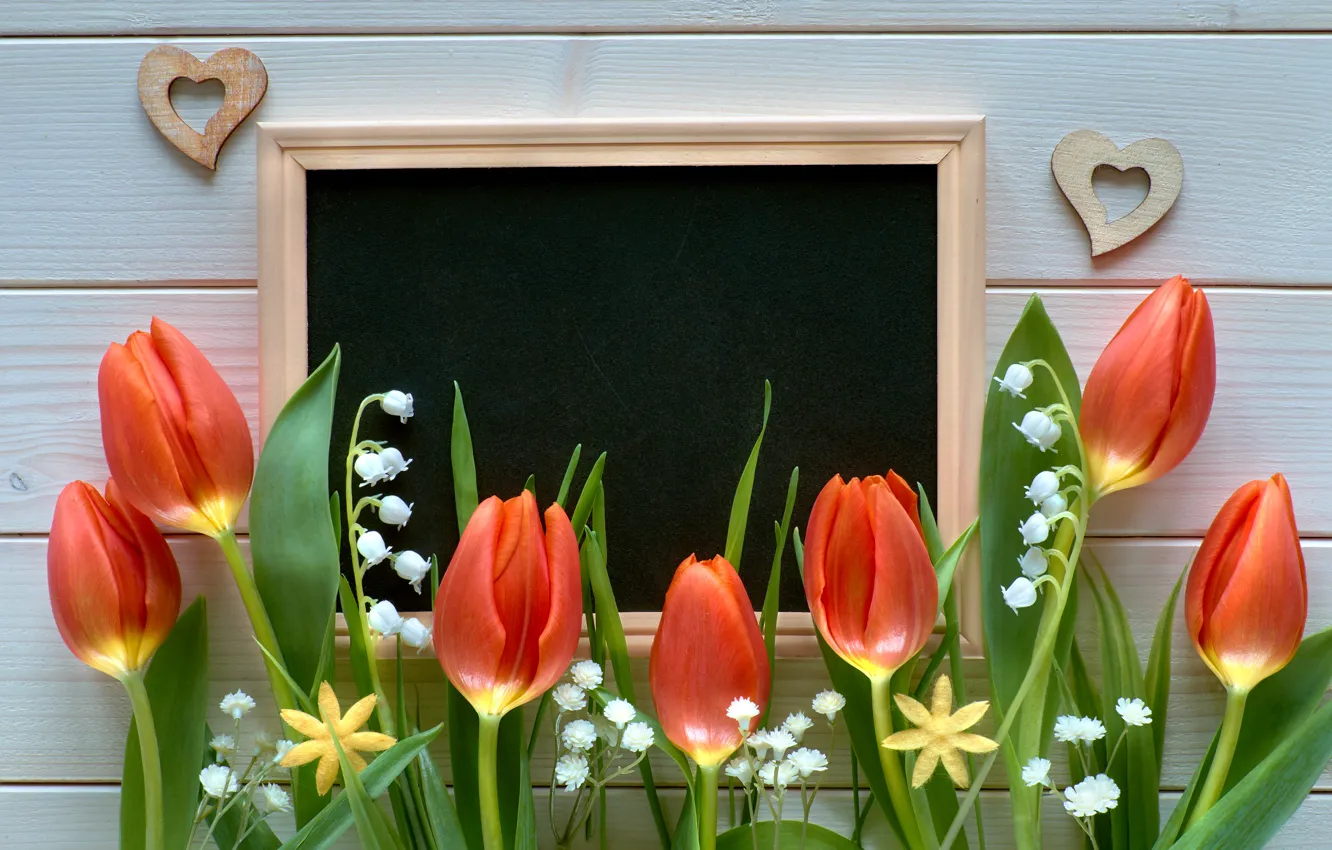 Photo wallpaper flowers, hearts, tulips, wood, Anya Ivanova