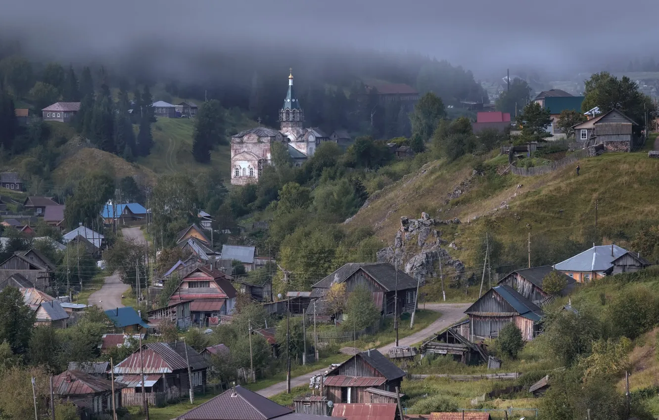 Photo wallpaper road, landscape, nature, fog, village, home, morning, Church
