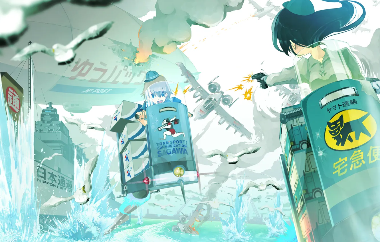 Photo wallpaper the sky, cat, water, girl, clouds, the explosion, lights, gun