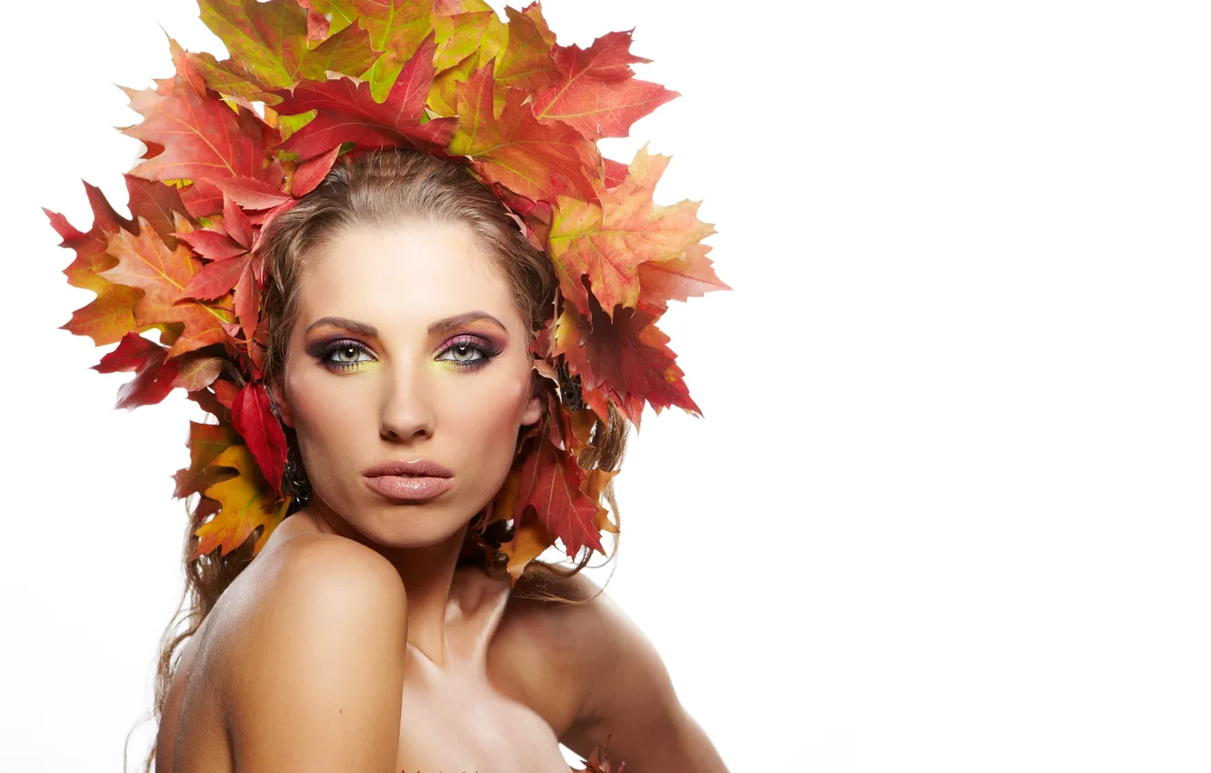 Photo wallpaper autumn, look, leaves, eyelashes, model, makeup, lips, white background
