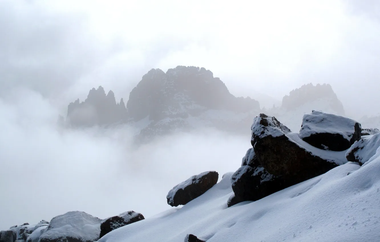 Photo wallpaper winter, the sky, snow, landscape, mountains, nature, fog, stones