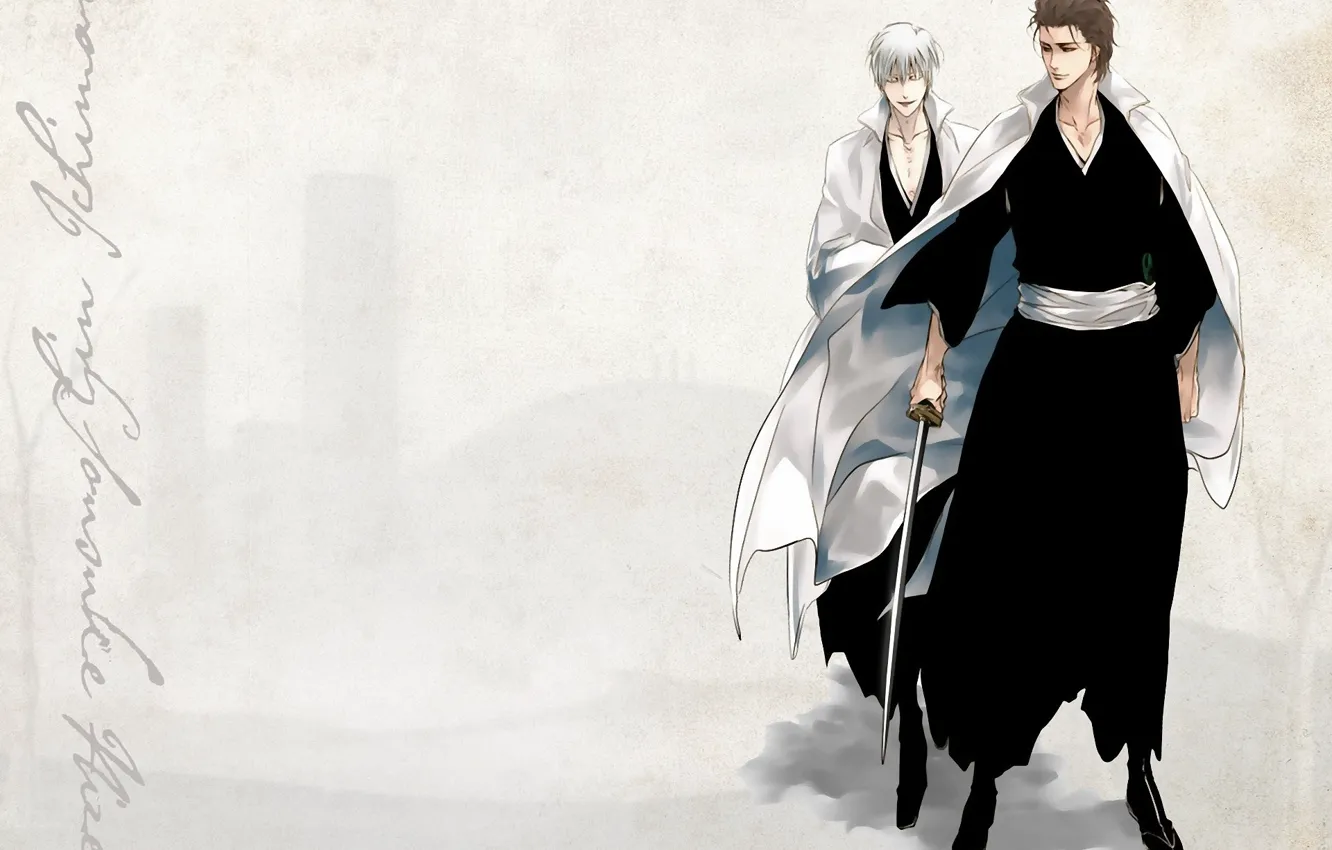 Photo wallpaper katana, grey background, Bleach, Bleach, Japanese clothing, Shinigami, shinigami, Gin Ichimaru