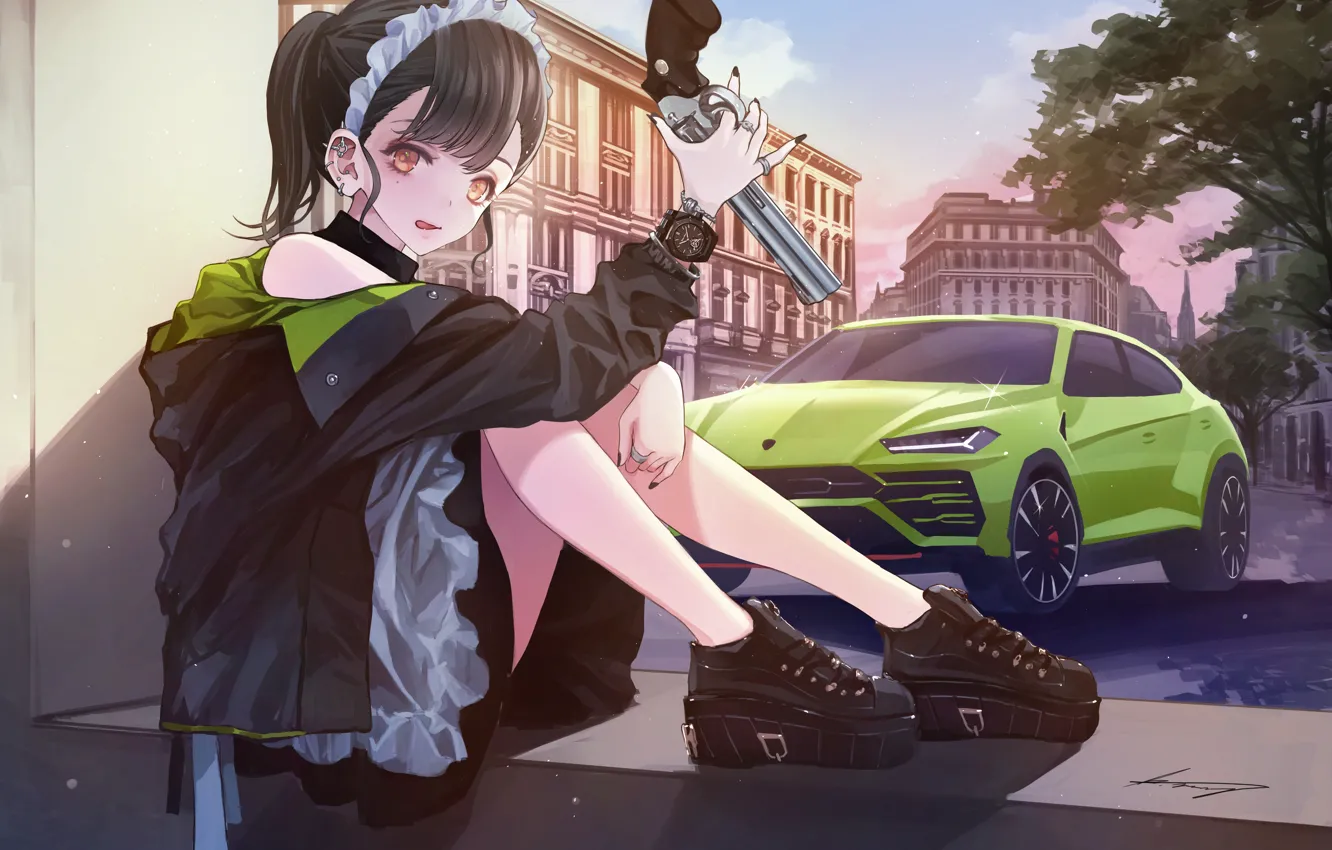 Photo wallpaper girl, gun, skirt, sitting, revolver, Lamborghini Urus, a revolver in the hands