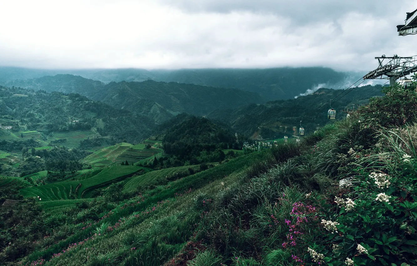 Photo wallpaper road, the sky, mountains, vegetation, slope