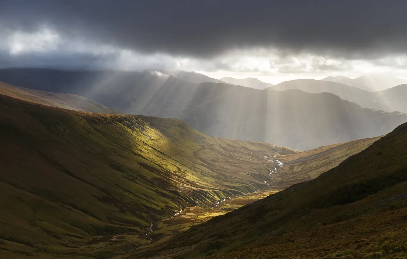 Photo wallpaper mountains, fog, morning