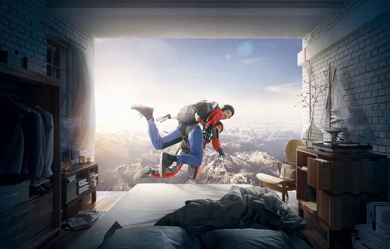Photo wallpaper the sky, mountains, bed, the room, HAPPY SLEEP