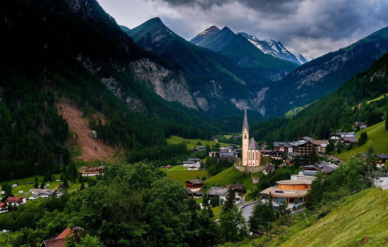 Photo wallpaper mountains, building, home, Austria, valley, Alps, Church, Austria