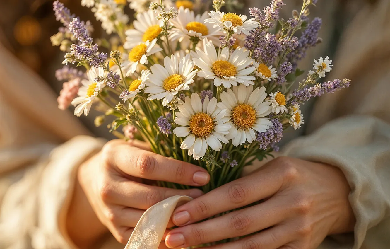 Photo wallpaper neural network, different, flowers, hands, fingers, bouquet, AI art, field