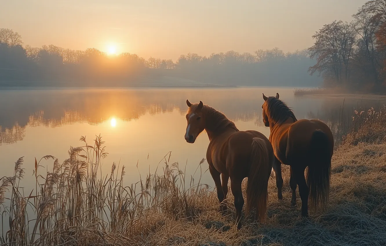 Photo wallpaper field, look, flowers, nature, pose, horse, horse, pair