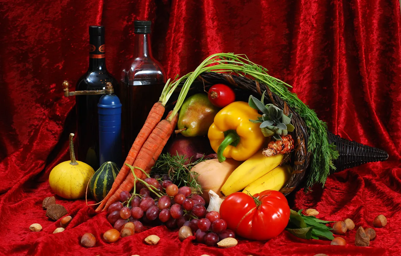 Photo wallpaper red, wine, basket, bottle, corn, bow, grapes, bananas