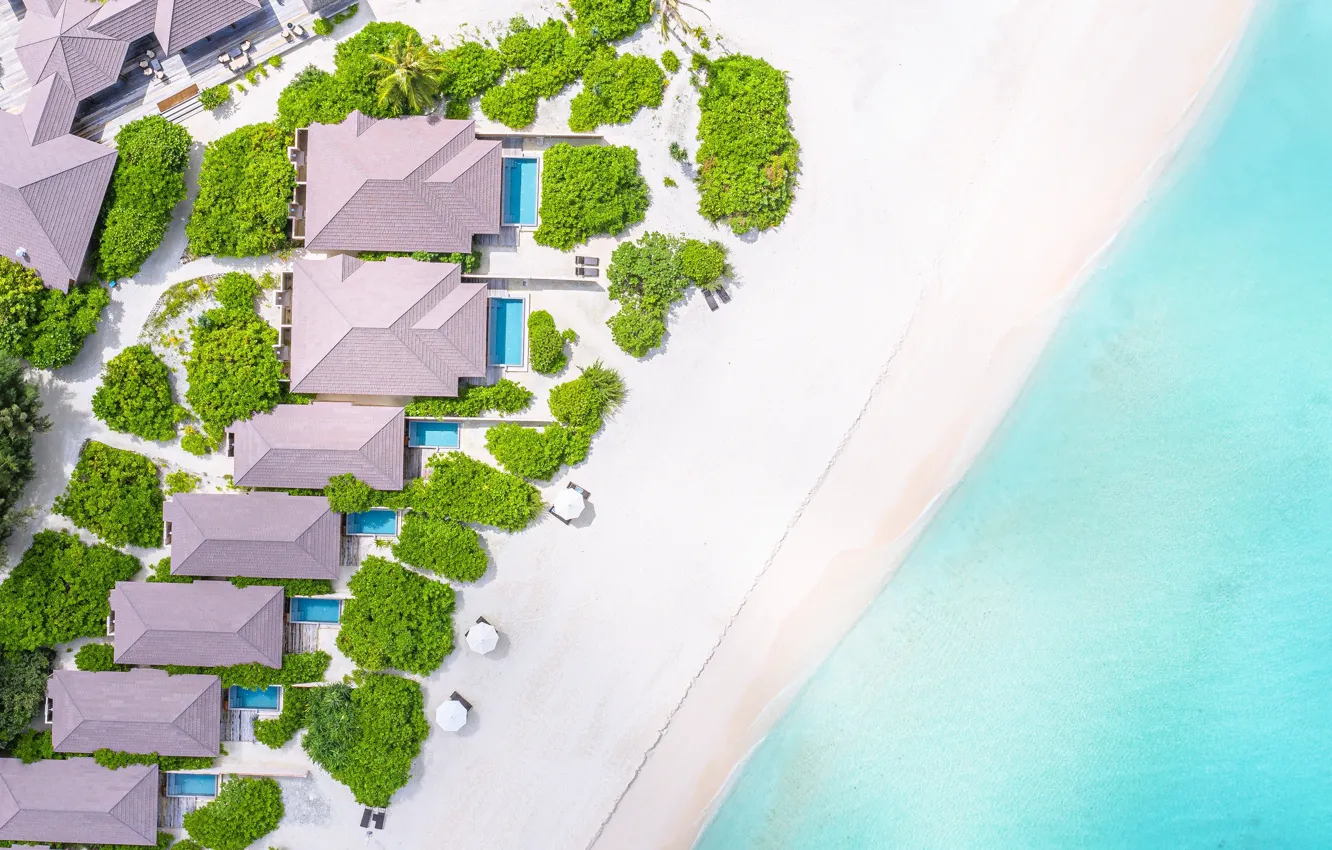 Photo wallpaper landscape, tropics, Wallpaper, island, house, The Maldives, picture, Maldives