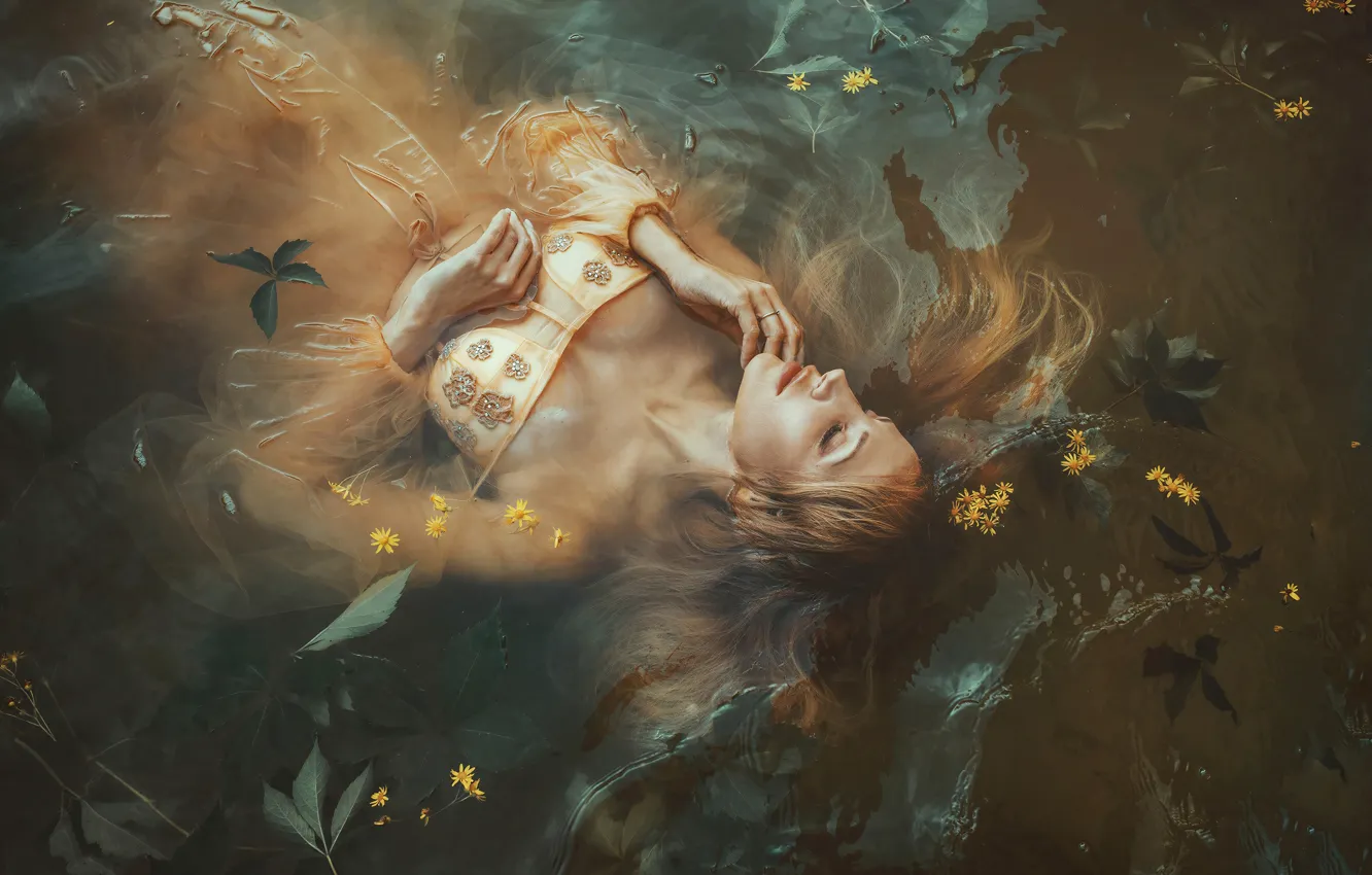 Photo wallpaper chest, leaves, water, girl, flowers, face, pose, lake