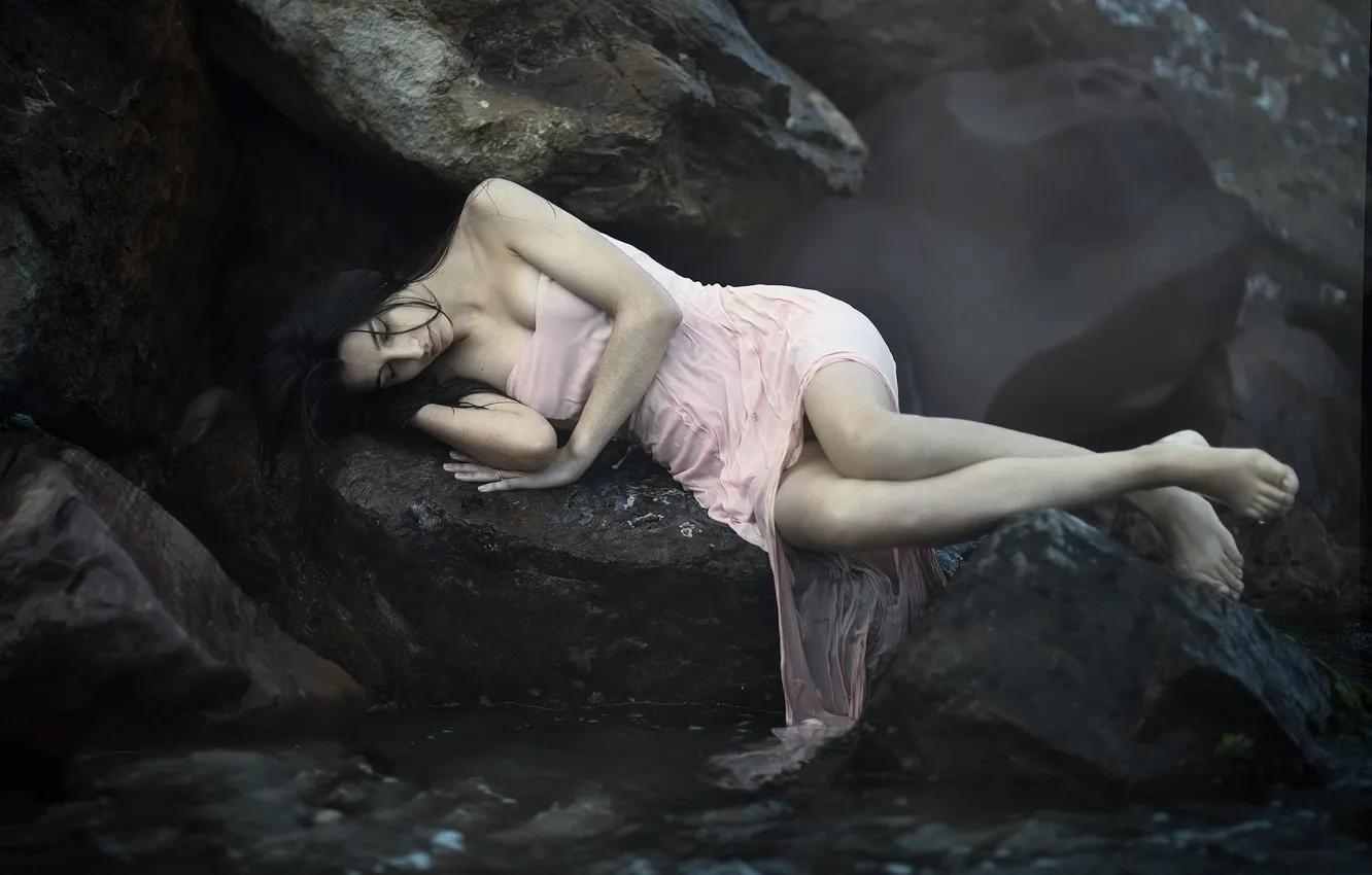 Photo wallpaper girl, stones, shore, Marya