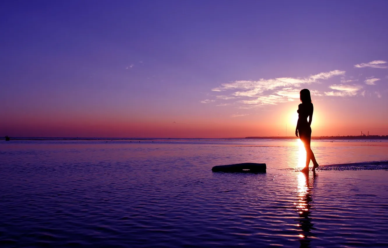 Photo wallpaper sea, girl, sunset