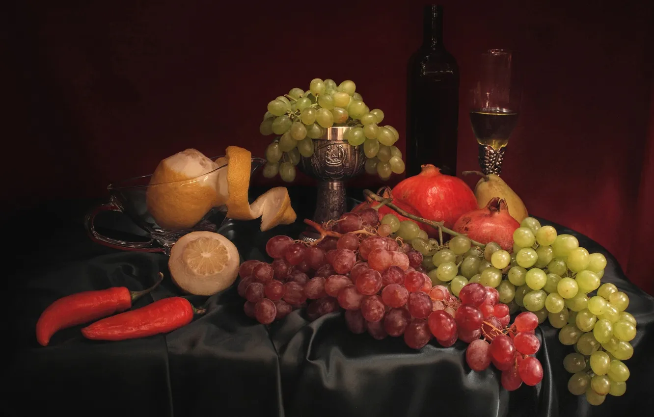 Photo wallpaper lemon, grapes, pepper, still life, peel
