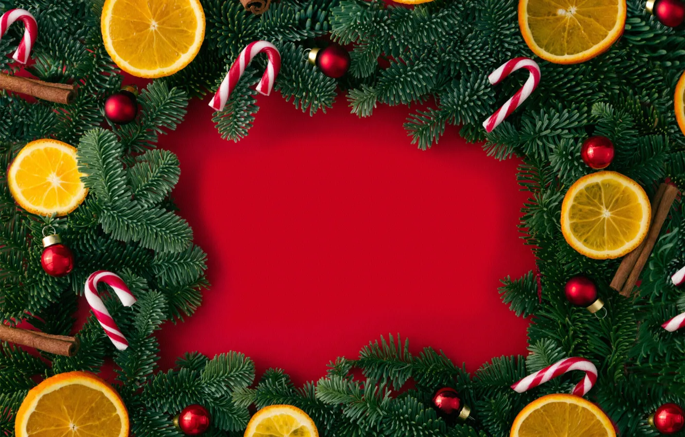 Photo wallpaper balls, branches, red, new year, orange, frame, Christmas, cane