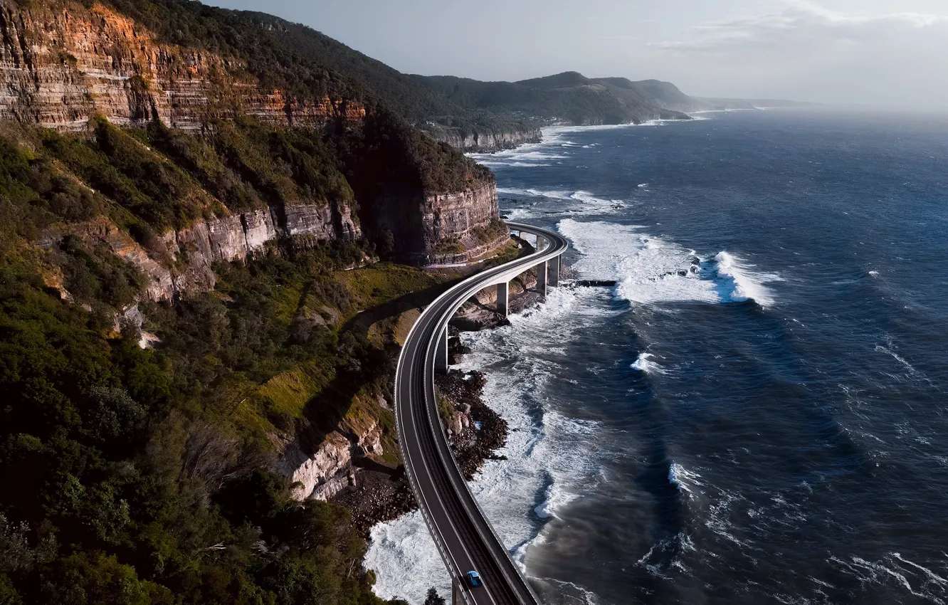 Photo wallpaper road, wave, machine, the ocean, rocks