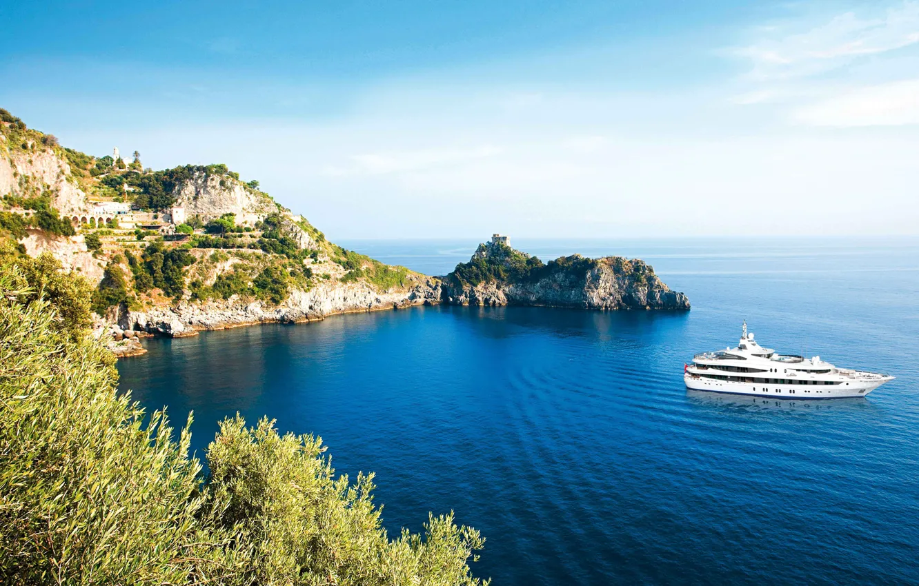 Photo wallpaper sea, coast, yacht, rock. the city