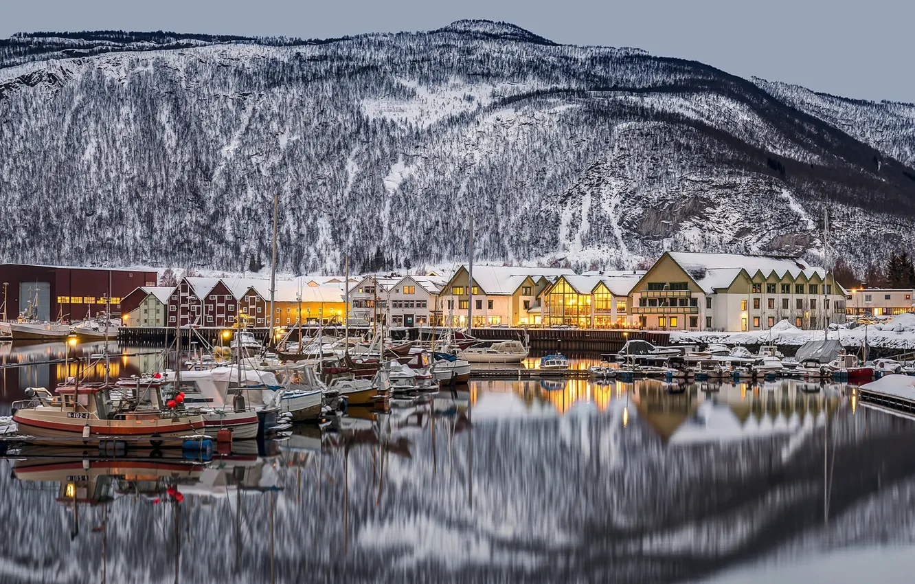 Photo wallpaper mountains, reflection, home, Norway, town, Norway, the fjord, Nordland