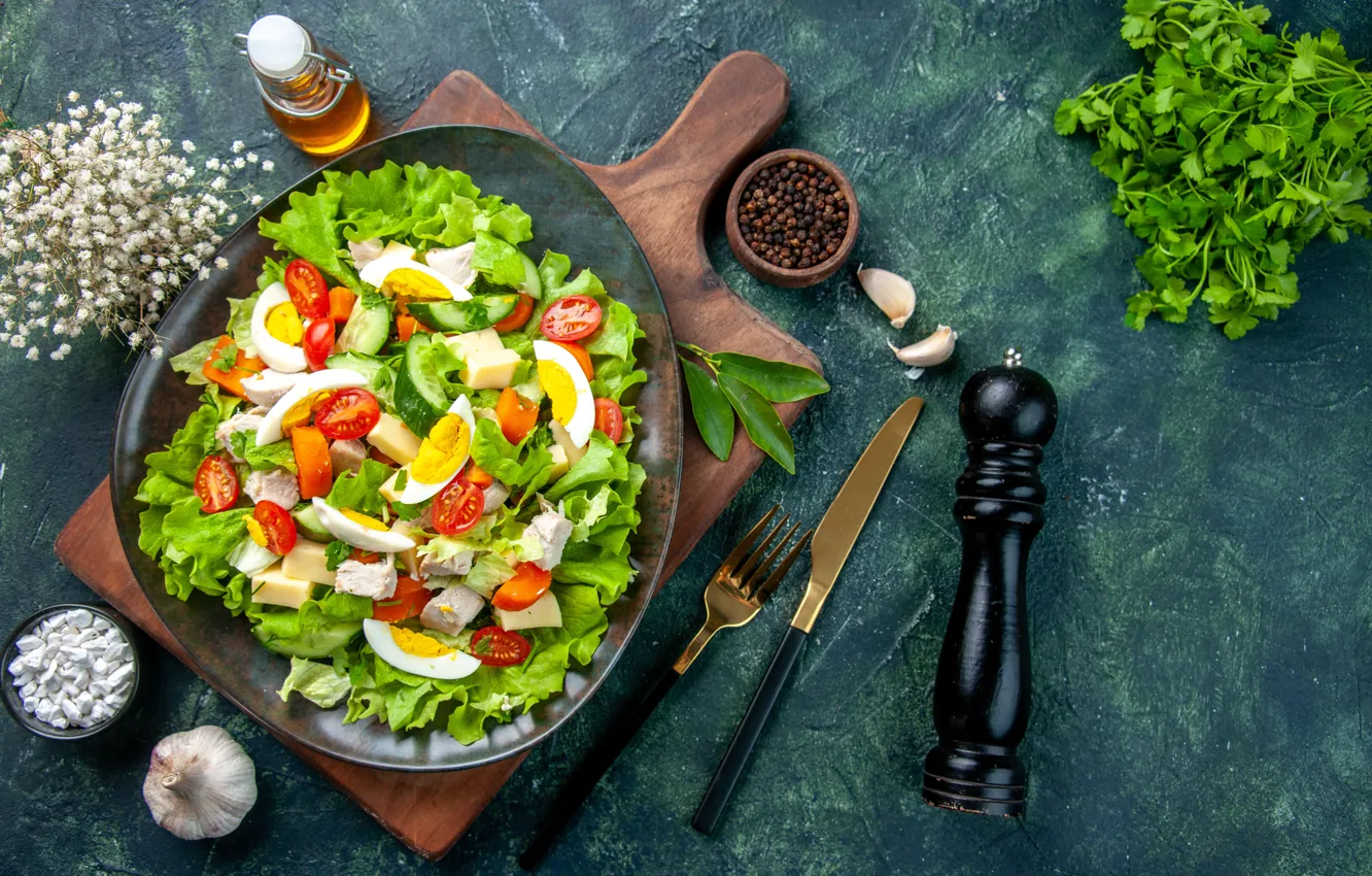 Photo wallpaper eggs, parsley, cucumbers, salad