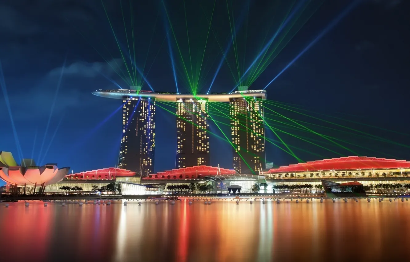 Photo wallpaper city, light, sea, night, Singapore, building, cityscape, spotlights