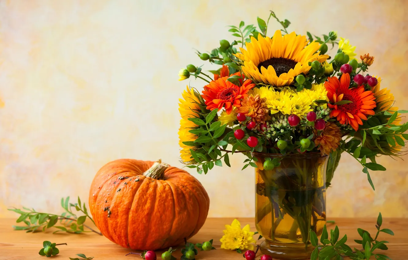 Photo wallpaper flowers, berries, sunflower, bouquet, pumpkin, gerbera, chrysanthemum