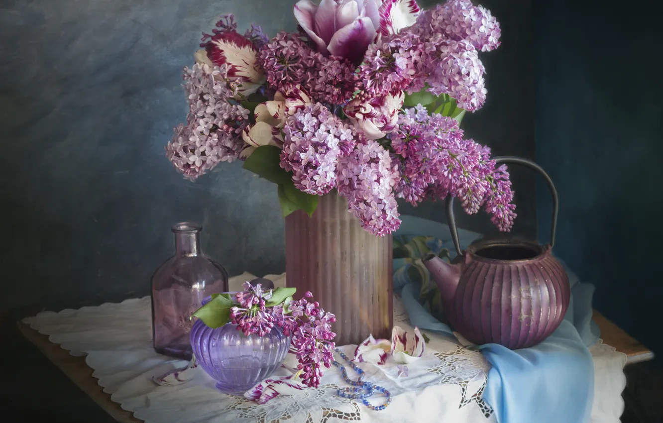 Photo wallpaper flowers, branches, table, kettle, tulips, vase, lilac, napkin