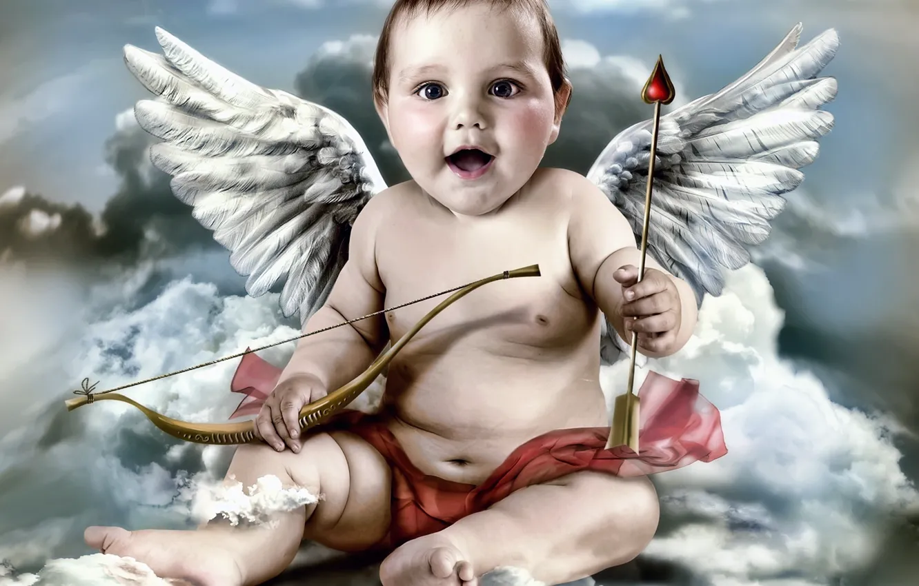 Photo wallpaper clouds, wings, angel, bow, arrow, Cupid