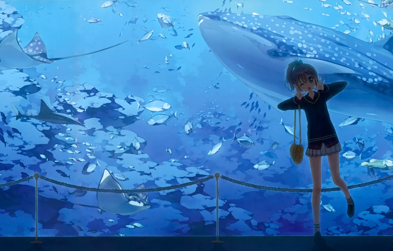 Photo wallpaper girl, aquarium, fish, anime, art, schoolgirl, kantoku, miyaguchi kei